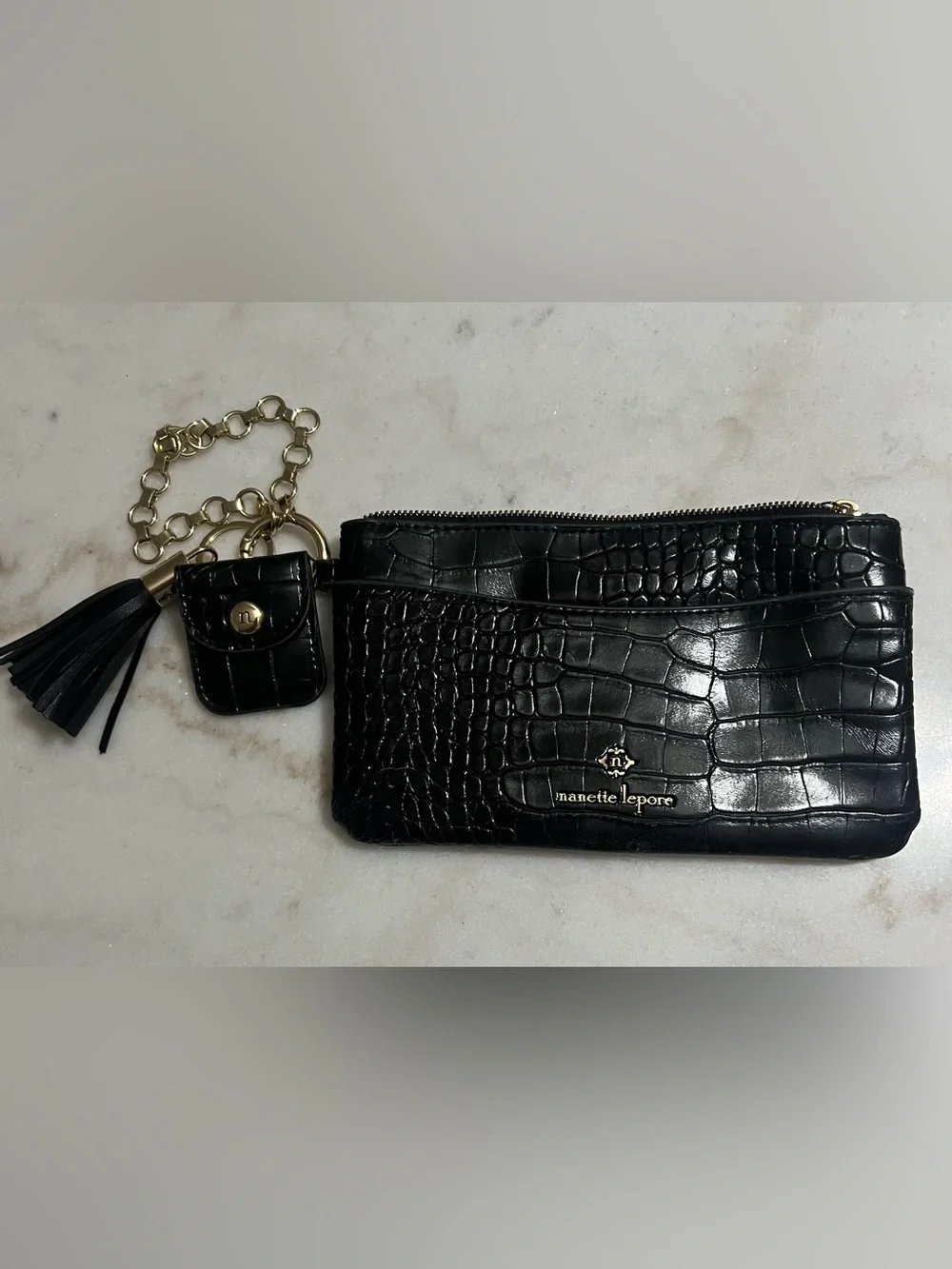 Nanette Lepore Black Patent Leather Croc Embossed Wristlet Gold Chain Accents